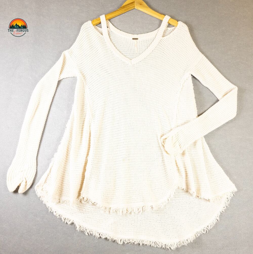Free People Pullover Sweater Top Cream Moonshine V-Neck Cold Shoulder Women's S